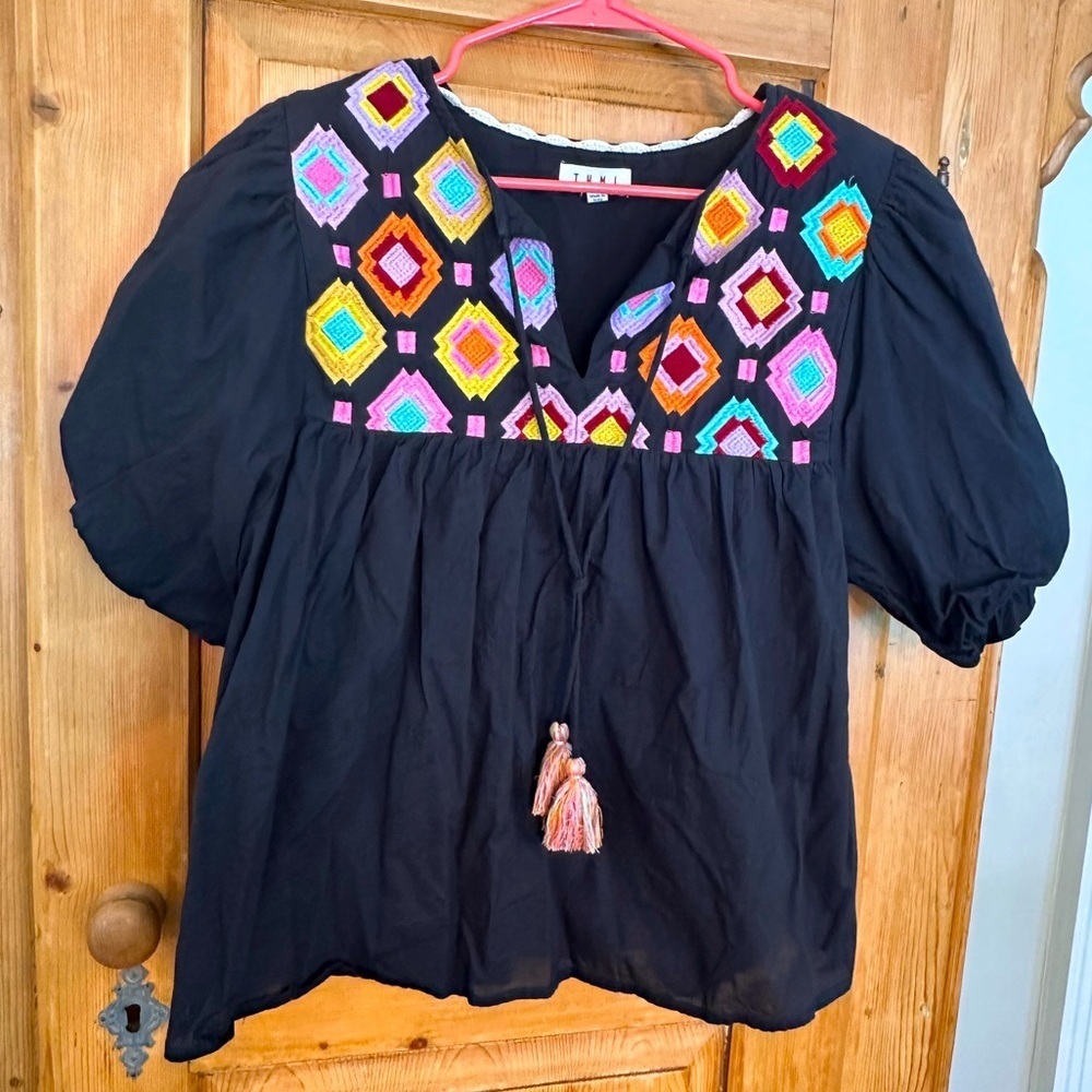 THML Black Peasant Top with Multicolor Embroidered Yoke